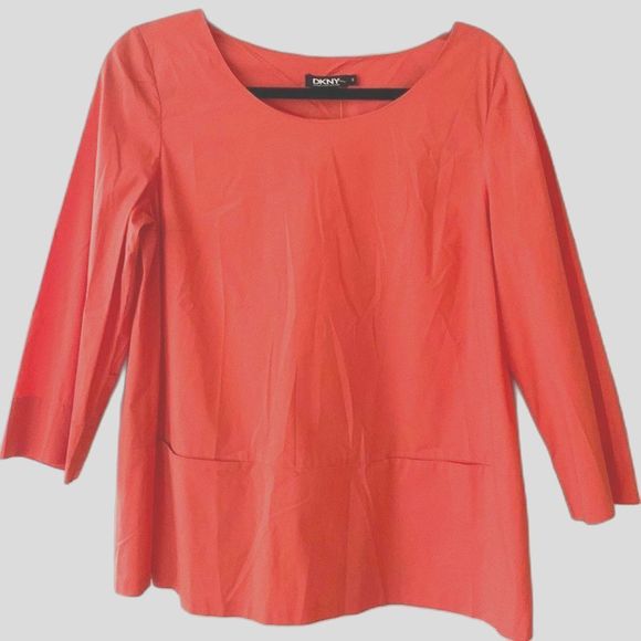 DKNY | Tunic Top Patch Pockets Cotton Stretch Poplin Crewneck Blouse Orange - 10 - Picture 3 of 11